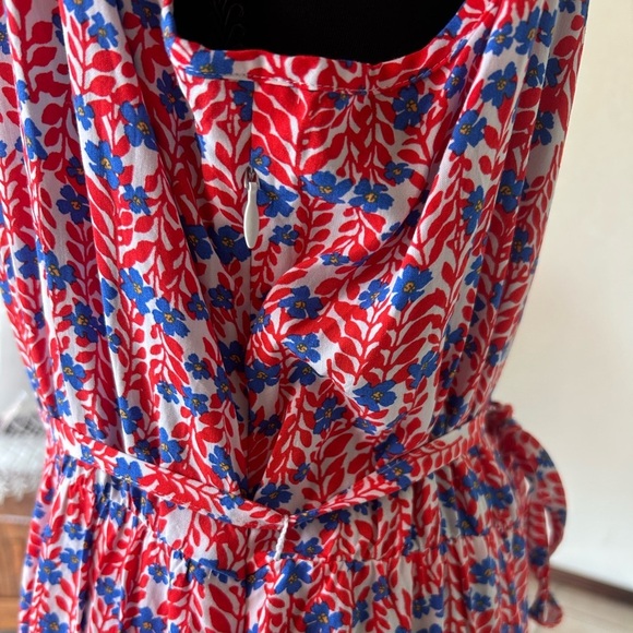 J. Crew Factory Ruffle Midi Curved Hem Dress 14 Women’s Red Blue Floral - Picture 5 of 8
